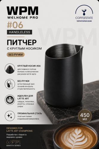 Питчер WPM 06 с круглым носиком, без ручки, черный, 450 мл 