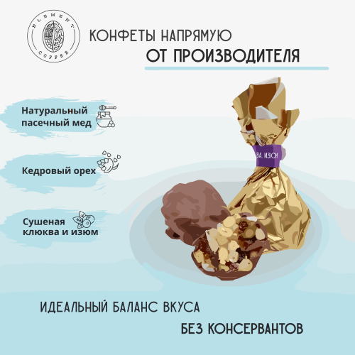 Конфета (шарик) ELEMENT мёд, кедровый орех, клюква, изюм. 